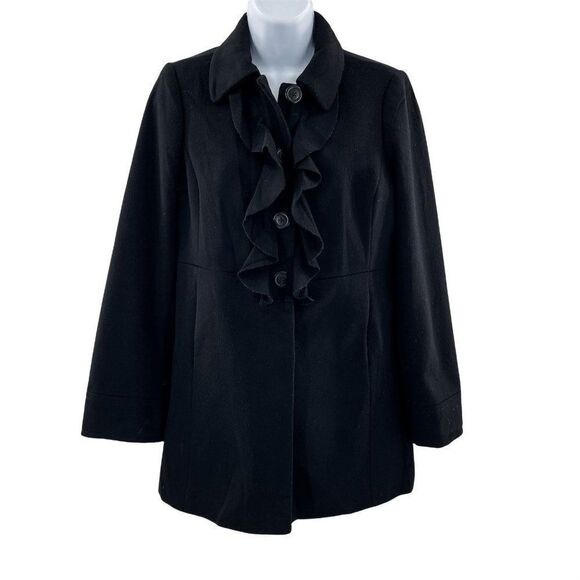 J. Crew 100% Wool Ruffle Chest Pea Coat Jacket Black Size 2 17501 - Picture 2 of 8